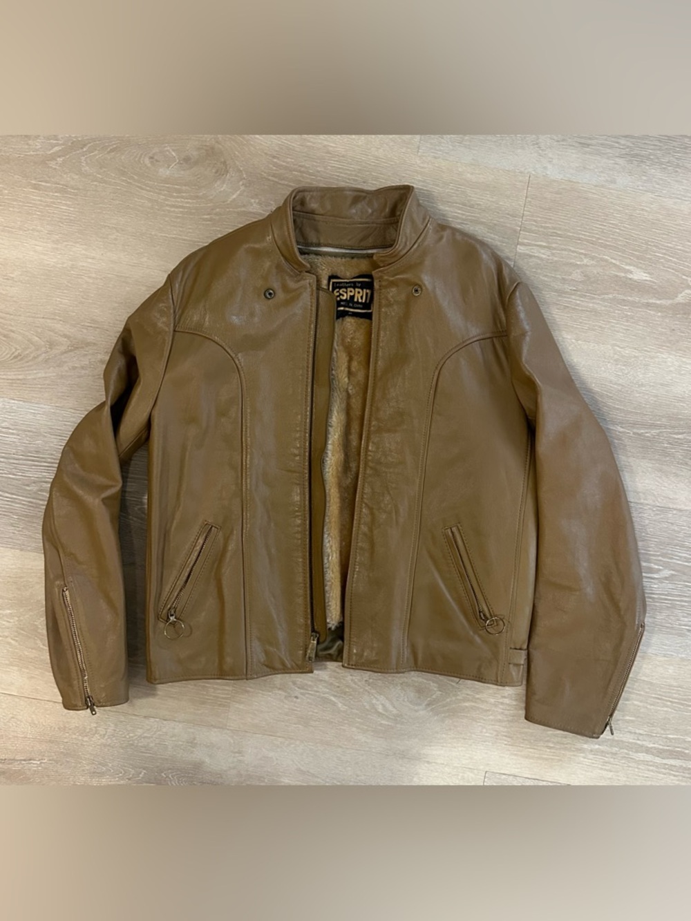 Vintage Leathers by Esprit Brown Moto Biker Jacket Sz 46 Talon Zips + Liner